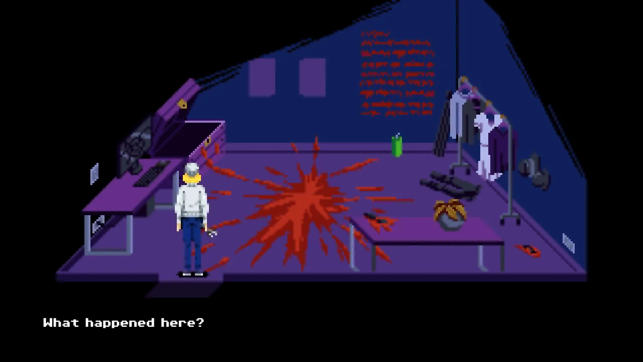 A bloodstained purple room with a computer desk, clothes rack and potted plant